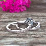 Round Cut 1.50 Carat Aquamarine Bridal Ring Set Anniversary Gift On 10k White Gold Curved Stacking Matching Wedding Band Art Deco