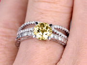 Round Cut 1.50 Carat Champagne Diamond Moissanite Bridal Ring Set Anniversary Gift On 10k White Gold Curved Stacking Matching Wedding Band Art Deco