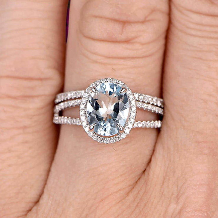 1.75 Carat Oval Cut Aquamarine Bridal Ring Set Anniversary Gift Engagement Ring On 10k White Gold Art Deco Stacking Matching Wedding Band