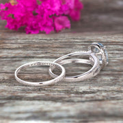 1.75 Carat Oval Cut Aquamarine Bridal Ring Set Anniversary Gift Engagement Ring On 10k White Gold Art Deco Stacking Matching Wedding Band