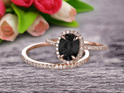 Oval Cut 1.75 Carat Black Diamond Moissanite Bridal Ring Set Engagement Ring On 10k Rose Gold Stacking Matching Diamond Wedding Band 