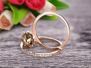 Oval Cut 1.75 Carat Champagne Diamond Moissanite Bridal Ring Set Engagement Ring On 10k Rose Gold Stacking Matching Diamond Wedding Band 