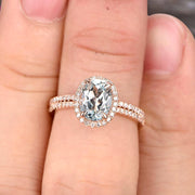 Oval Cut 1.75 Carat Aquamarine Bridal Ring Set Engagement Ring On 10k Rose Gold Stacking Matching Diamond Wedding Band 