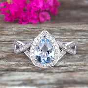 10k White Gold 1.50 Carat Pear Shape Aquamarine Engagement Rings With Diamonds Halo