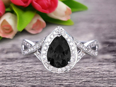 10k White Gold 1.50 Carat Pear Shape Black Diamond Moissanite Engagement Rings With Diamonds Halo
