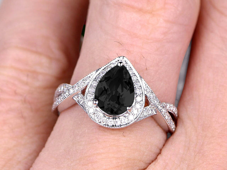 10k White Gold 1.50 Carat Pear Shape Black Diamond Moissanite Engagement Rings With Diamonds Halo