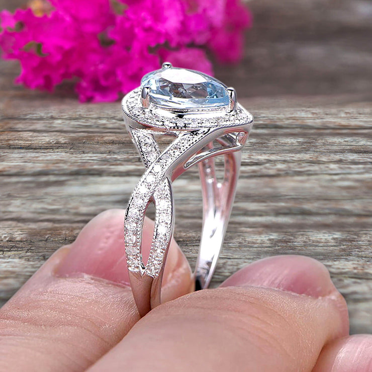 10k White Gold 1.50 Carat Pear Shape Aquamarine Engagement Rings With Diamonds Halo