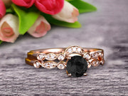 Classic 10k Rose Gold 1.50 Carat Round Cut Natural Black Diamond Moissanite Engagement Ring With Matching Wedding Band Anniversary Gift Art Deco