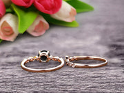 Classic 10k Rose Gold 1.50 Carat Round Cut Natural Black Diamond Moissanite Engagement Ring With Matching Wedding Band Anniversary Gift Art Deco