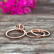 1.75 Carat Round Cut Aquamarine Wedding Ring Set Diamond Matching Band 10k Rose Gold  Anniversary Gift Art Deco Trio Set