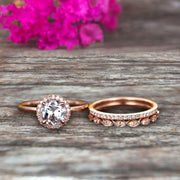 1.75 Carat Round Cut Aquamarine Wedding Ring Set Diamond Matching Band 10k Rose Gold  Anniversary Gift Art Deco Trio Set