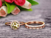 1.75 Carat Round Cut Champagne Diamond Moissanite Wedding Ring Set Diamond Matching Band 10k Rose Gold Anniversary Gift Art Deco Trio Set