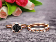 1.75 Carat Round Cut Black Diamond Moissanite Wedding Ring Set Diamond Matching Band 10k Rose Gold  Anniversary Gift Art Deco Trio Set