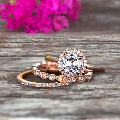 10k Rose Gold Anniversary Gift Art Deco 1.75 Carat Round Cut Aquamarine Wedding Ring Set Diamond Matching Band Anniversary Gift