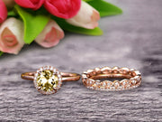 10k Rose Gold Anniversary Gift Art Deco 1.75 Carat Round Cut Champagne Diamond Moissanite Wedding Ring Set Diamond Matching Band Anniversary Gift
