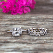 2 Carat Cushion Cut Moissanite Bridal Set Engagement Wedding Ring 10k White Gold Full Eternity Art Deco With Two Matching Band