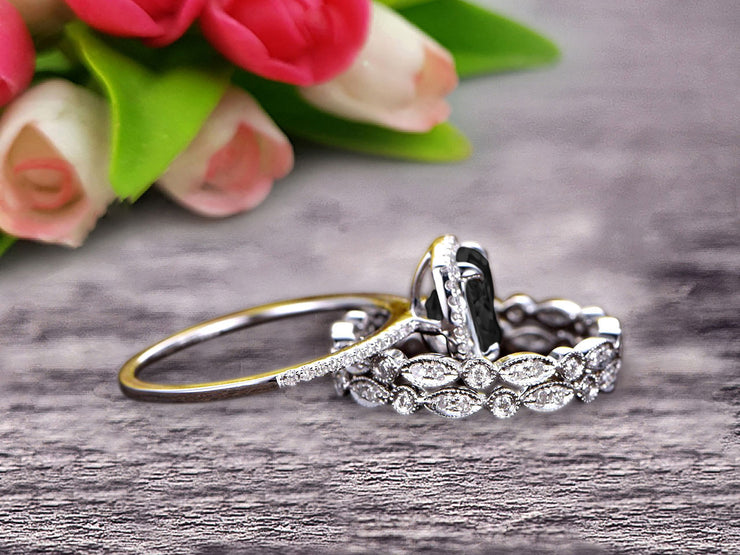 2 Carat Cushion Cut Black Diamond Moissanite Bridal Set Engagement Wedding Ring 10k White Gold Full Eternity Art Deco With Two Matching Band