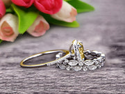 2 Carat Cushion Cut Champagne Diamond Moissanite Bridal Set Engagement Wedding Ring 10k White Gold Full Eternity Art Deco With Two Matching Band