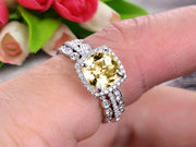 4 Carat Cushion Cut Champagne Diamond Moissanite Bridal Set Engagement Wedding Ring 10k White Gold Full Eternity Art Deco With Two Matching Band