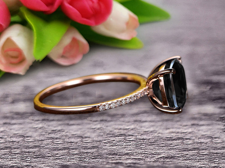 10k Rose Gold Anniversary Gift Art Deco 1.25 Carat Cushion Cut Black Diamond Moissanite Wedding Engagement Ring