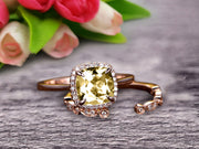 10k Rose Gold Anniversary Gift Art Deco 1.50 Carat Cushion Cut Champagne Diamond Moissanite Wedding Engagement Ring With Matching Band Bridal Set