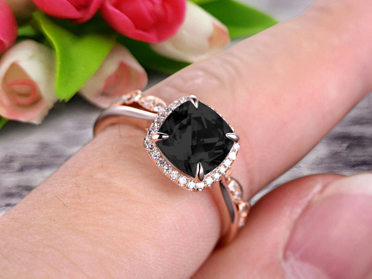 10k Rose Gold Anniversary Gift Art Deco 1.50 Carat Cushion Cut Black Diamond Moissanite Wedding Engagement Ring With Matching Band Bridal Set