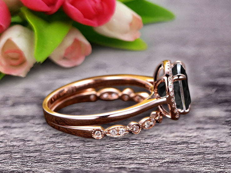 10k Rose Gold Anniversary Gift Art Deco 1.50 Carat Cushion Cut Black Diamond Moissanite Wedding Engagement Ring With Matching Band Bridal Set