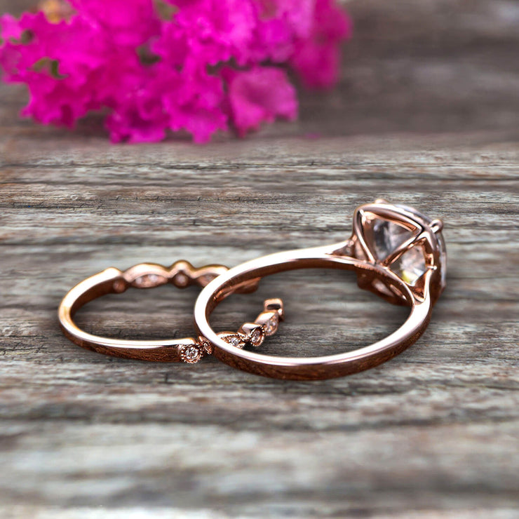 10k Rose Gold Anniversary Gift Art Deco 1.50 Carat Cushion Cut Aquamarine Wedding Engagement Ring With Matching Band Bridal Set