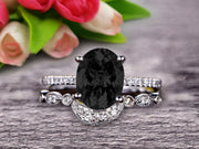 1.5 Carat Oval Cut Black Diamond Moissanite Engagement Ring Set With Matching Band 10k White Gold Art Deco Curved Stacking Gift Ring