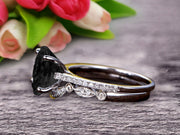 1.5 Carat Oval Cut Black Diamond Moissanite Engagement Ring Set With Matching Band 10k White Gold Art Deco Curved Stacking Gift Ring