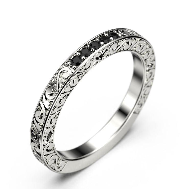 Wedding Ring 0.10 Ct Delicate Antique Scroll Black Diamond Moissanite Wedding Band 18K Gold Over Silver