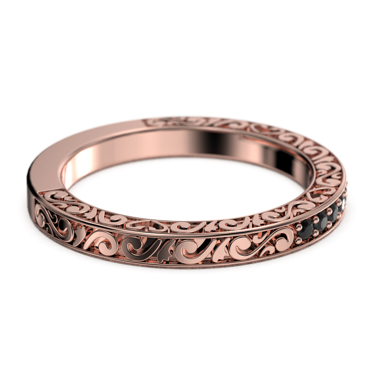 Wedding Ring 0.10 Ct Delicate Antique Scroll Black Diamond Moissanite Wedding Band 10K/14K/18K Solid Gold