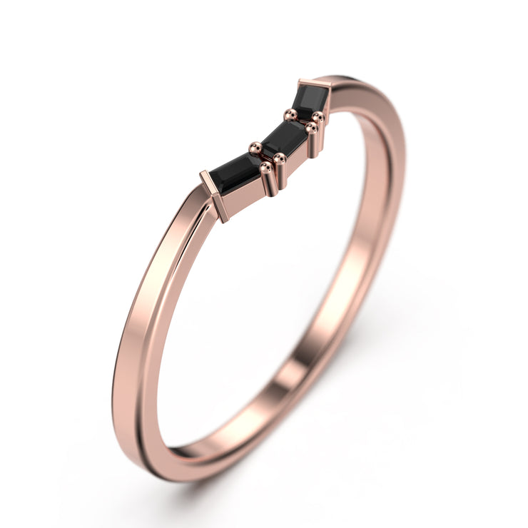 Tapered Baguette 0.12 Ct Black Diamond Moissanite Ring 10K/14K/18K Solid Gold Matching Band