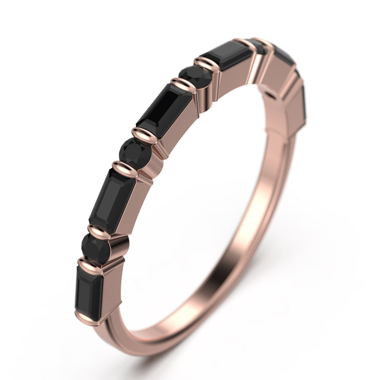 Round And Baguette Cut 0.73 Ct Black Diamond Moissanite Ring 10K/14K/18K Solid Gold