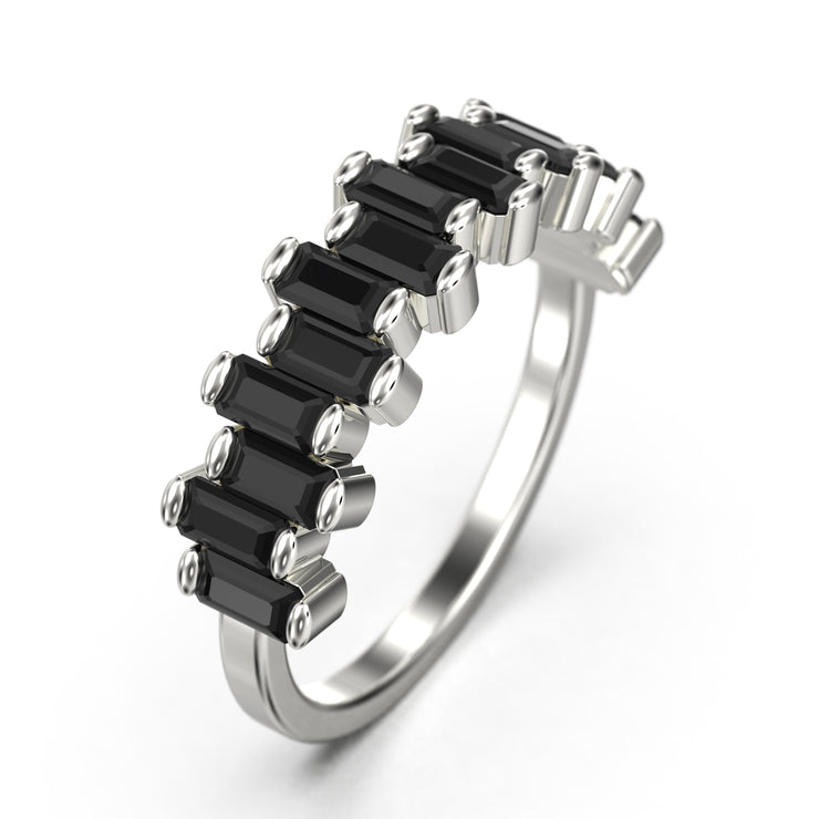Alternating Wave Of Baguette Black Diamond Moissanite Wedding Ring 18K Gold Over Silver