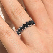 Alternating Wave Of Baguette Black Diamond Moissanite Wedding Ring 18K Gold Over Silver
