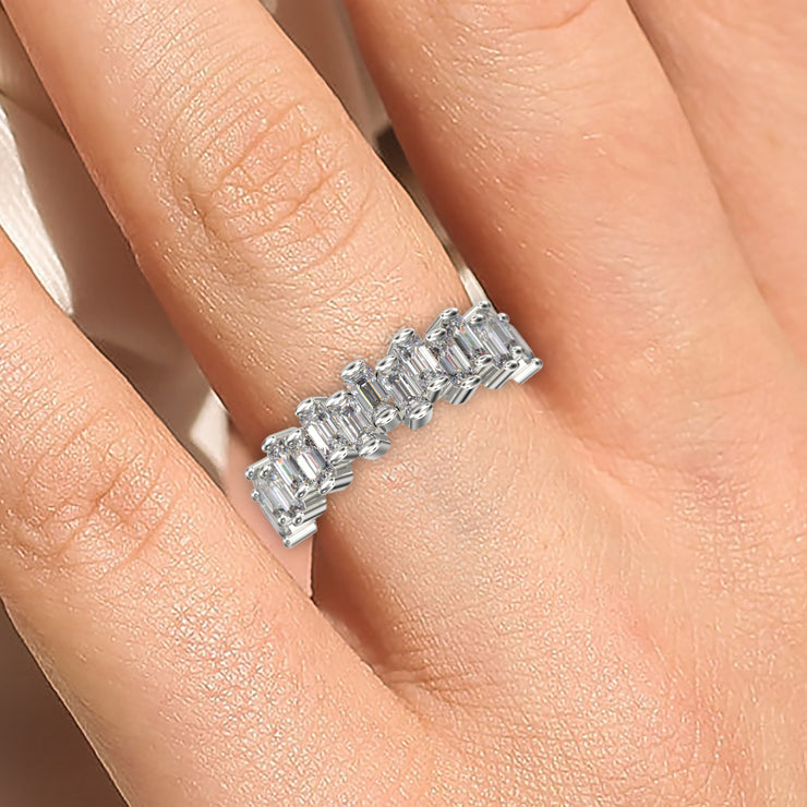 Alternating Wave of Baguette Moissanite Diamond Wedding Ring 18K Gold Over Silver