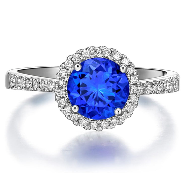 Beautiful 1 Carat Round Blue Sapphire and Moissanite Diamond Halo Engagement Ring in White Gold