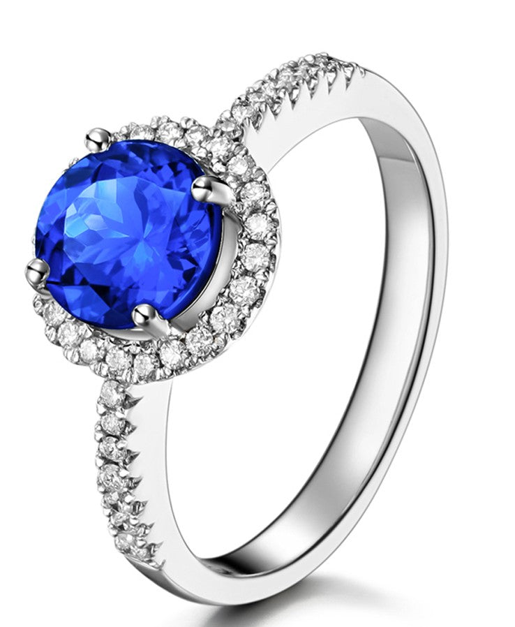 Beautiful 1 Carat Round Blue Sapphire and Moissanite Diamond Halo Engagement Ring in White Gold