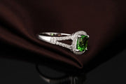 Beautiful 2 Carat cushion cut Emerald and Moissanite Diamond Halo Engagement Ring in White Gold