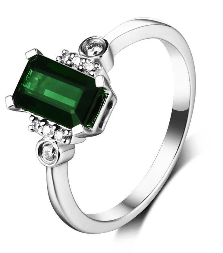 Beautiful 2 Carat Emerald and Moissanite Diamond Engagement Ring in White Gold for Women