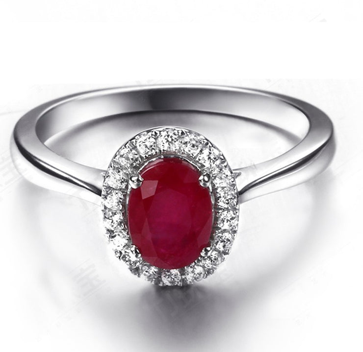 Classic 1 Carat Ruby and Moissanite Diamond Halo Engagement Ring in White Gold for Women