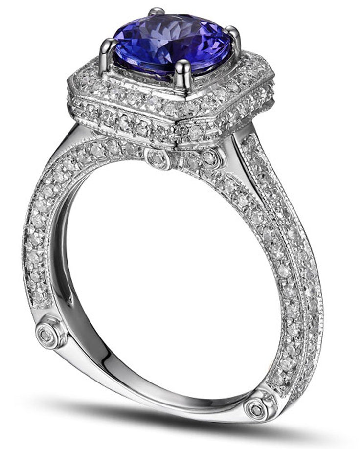 Closeout Sale: Bestselling 1.50 Carat Antique Halo Engagement Ring with Blue Sapphires and Moissanite Diamond in White Gold