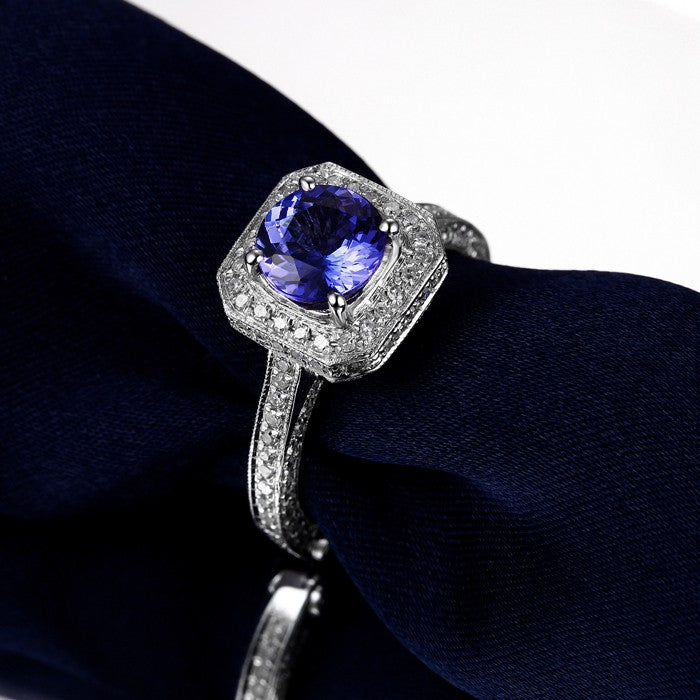 Closeout Sale: Bestselling 1.50 Carat Antique Halo Engagement Ring with Blue Sapphires and Moissanite Diamond in White Gold