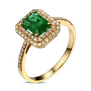 Designer 2 Carat Emerald and Moissanite Diamond double Halo Engagement Ring in Yellow Gold