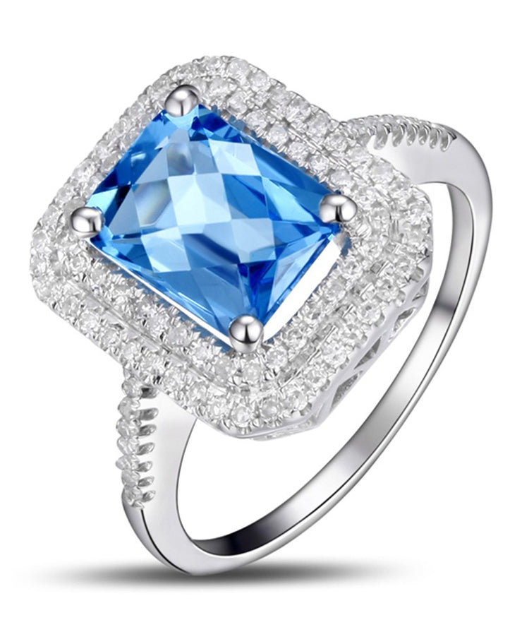 Designer 2 Carat emerald cut Sapphire and Moissanite Diamond Double Halo Engagement Ring for Women