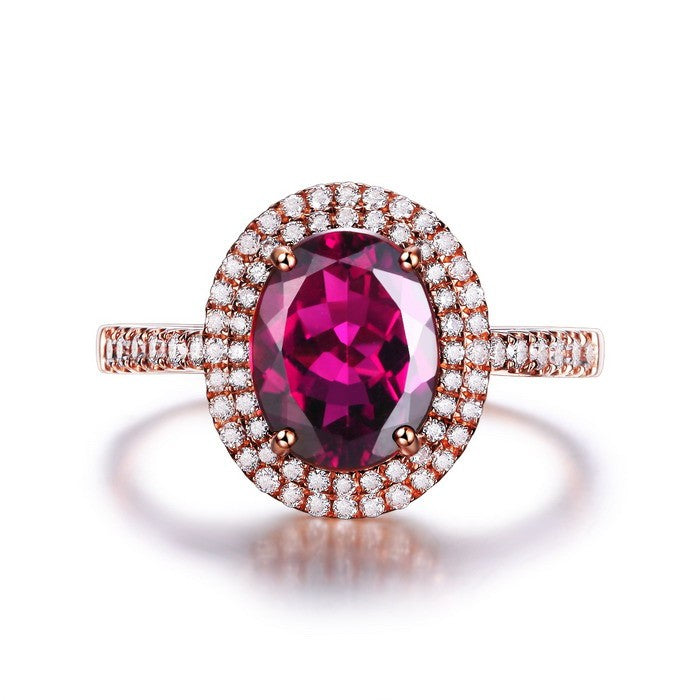 Designer 2 Carat Ruby and Moissanite Diamond Halo Engagement Ring in Rose Gold