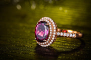 Designer 2 Carat Ruby and Moissanite Diamond Halo Engagement Ring in Rose Gold