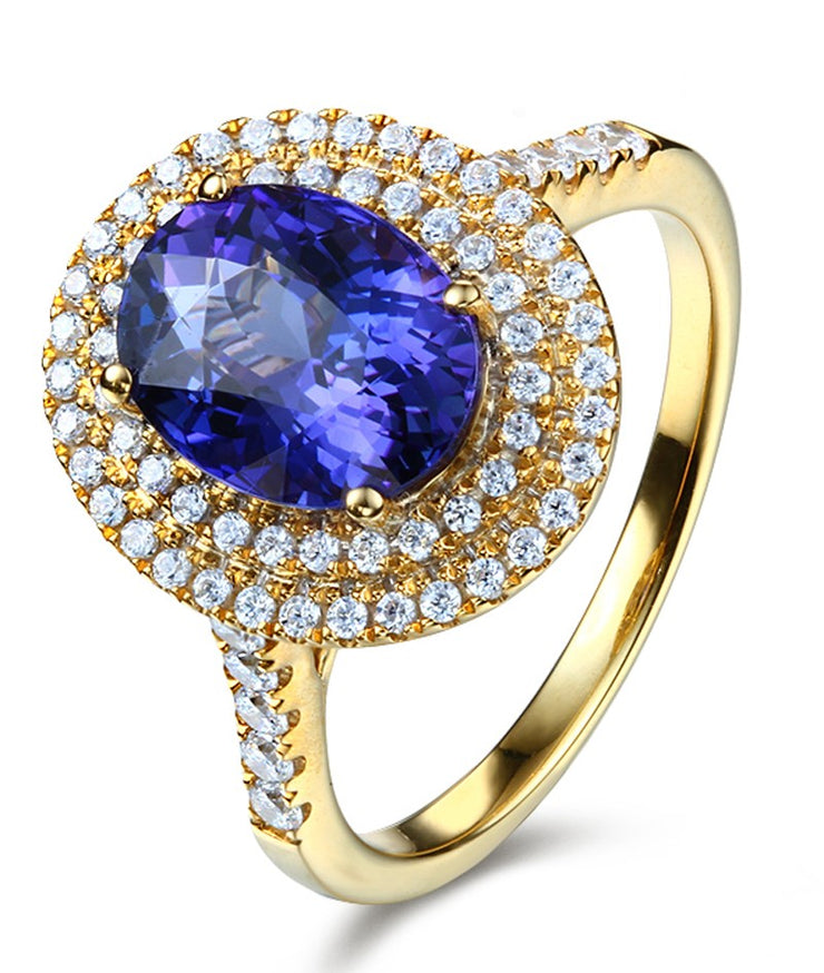 Designer 3 Carat Double Halo Sapphire and Moissanite Diamond Engagement Ring in Yellow Gold
