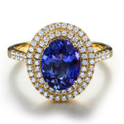 Designer 3 Carat Double Halo Sapphire and Moissanite Diamond Engagement Ring in Yellow Gold